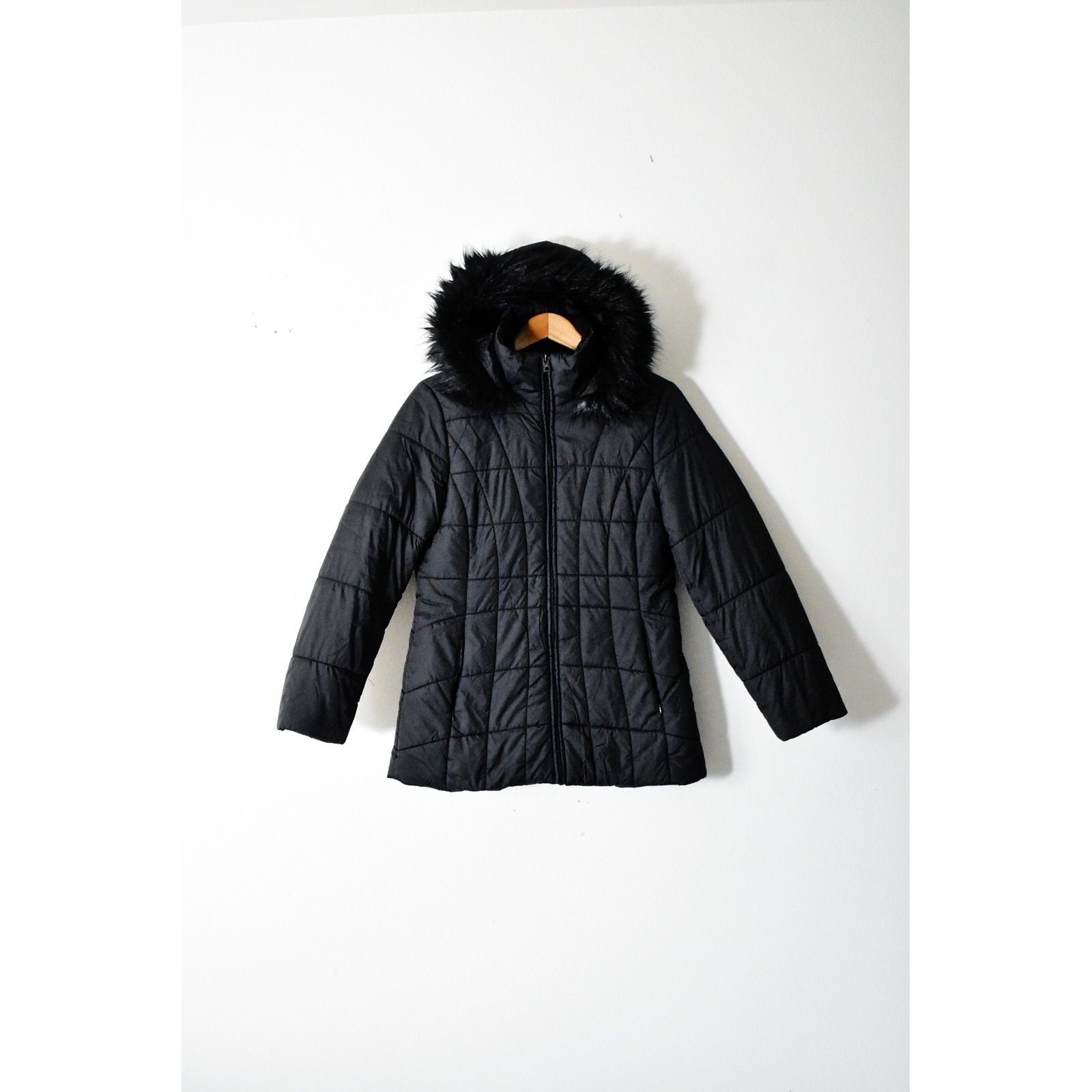 Marc New York Puffer Jacket Women Small Black Faux Fur Hooded Quilted